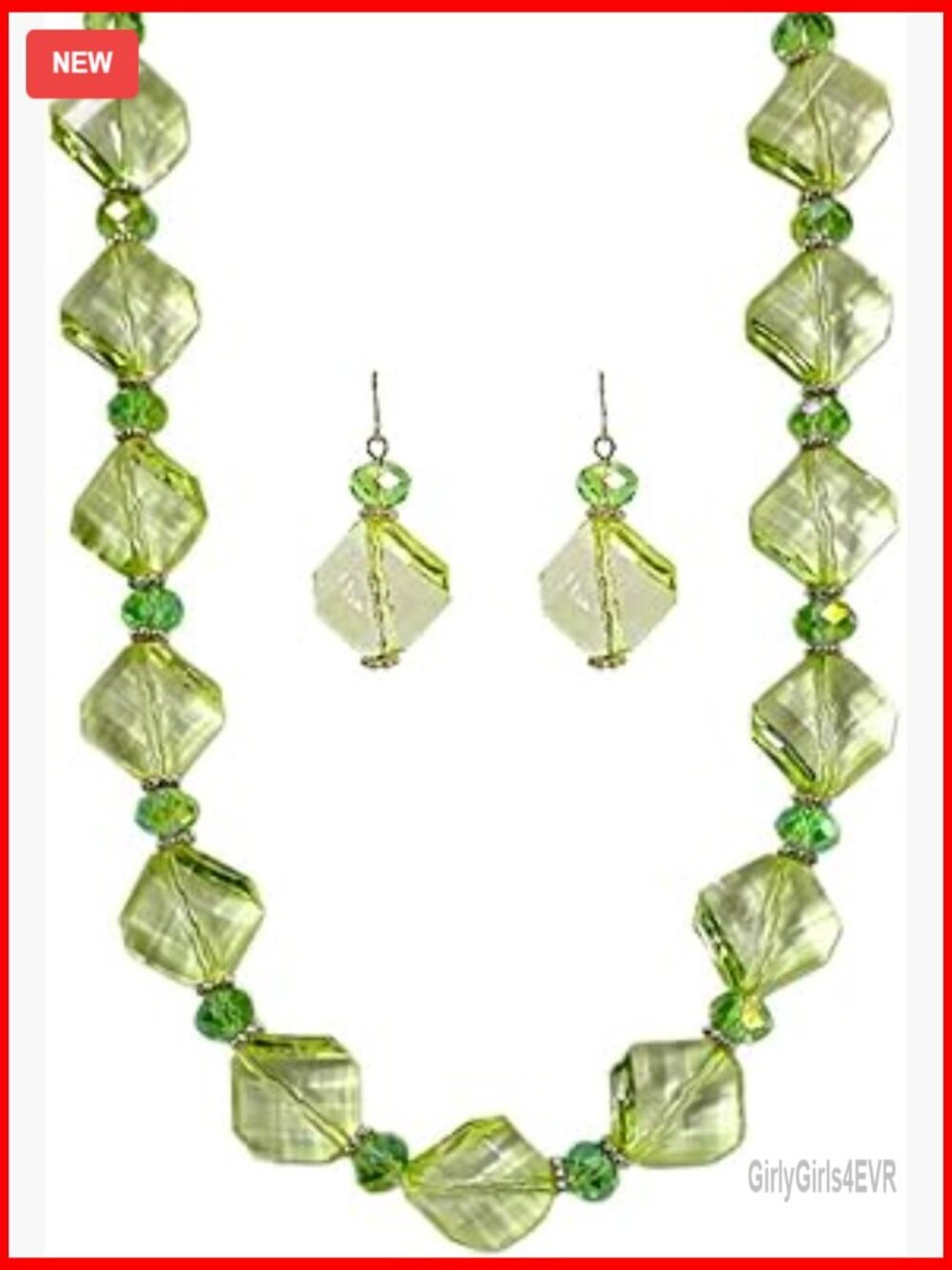 Light Green Beaded Necklace Earring Set Acrylic Glass Silver Spacer